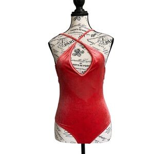 Makers of Dreams Red Velour Velvet Bodysuit Criss Cross Halter Backless S NWT